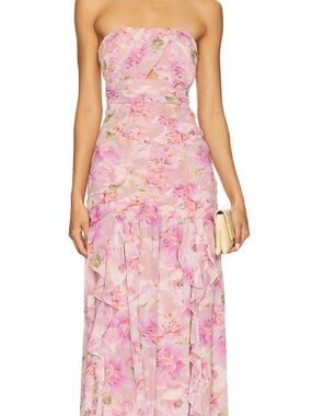 Astr The Label Estefany Strapless Pink Floral Ruffle Maxi Dress